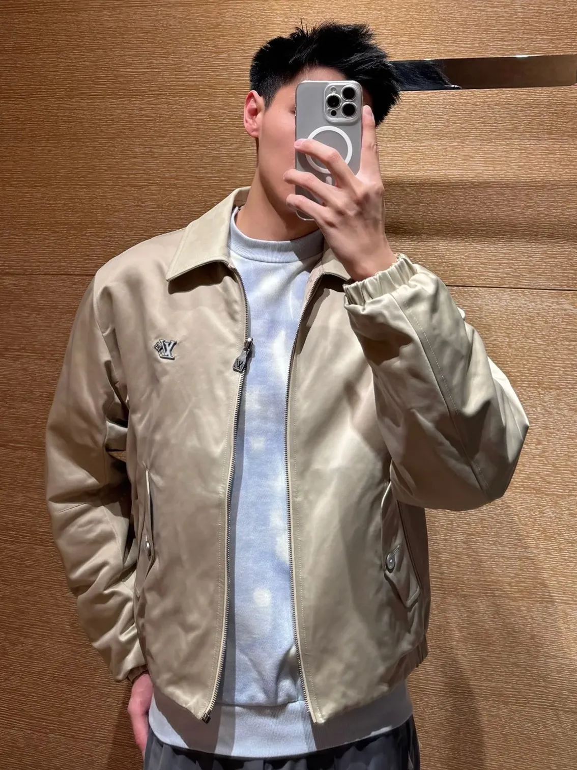 Louis Vuitton/Louis Vuitton checkerboard leather collar double-sided belted jacket